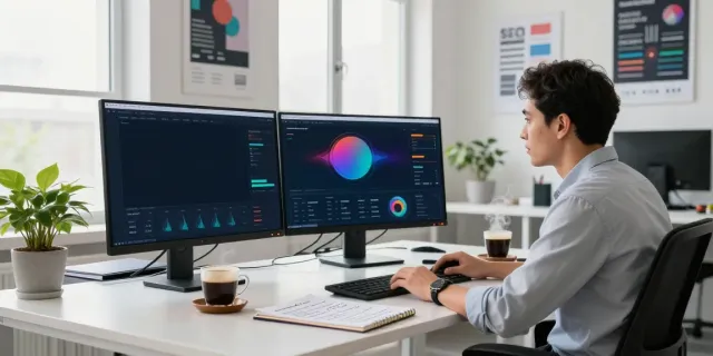 Content strategist reviewing instant indexing tools in a modern office.