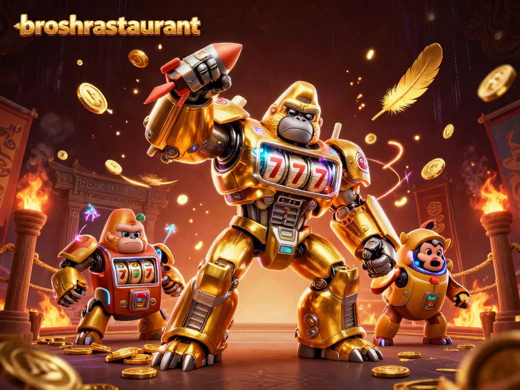 Engage with broshrestaurant's vibrant slot gaming themed illustration featuring a golden gorilla mech.