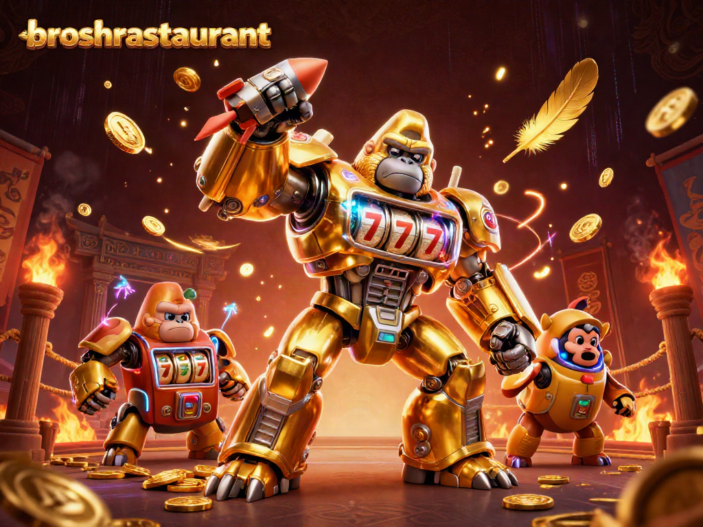 Engage with broshrestaurant's vibrant slot gaming themed illustration featuring a golden gorilla mech.