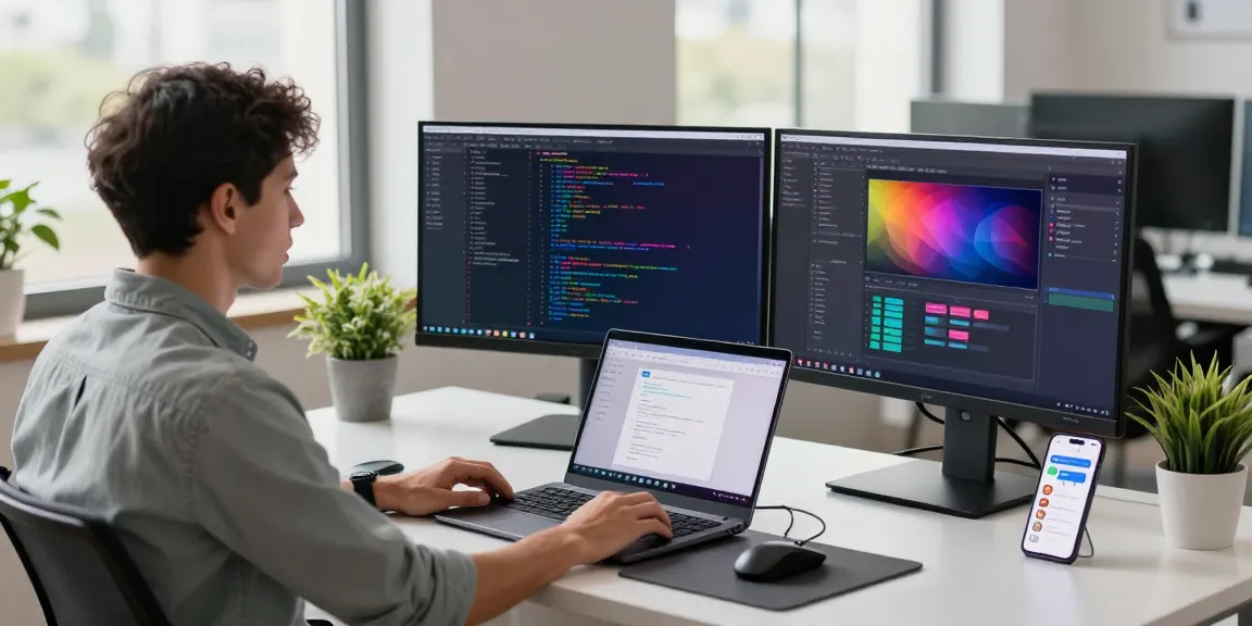 高效的Workspace，展示Telegram下载的开发者，双显示器上显示代码和应用设计。
