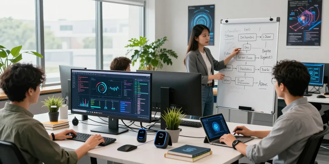 Diverse team of engineers collaborating on AI agents in a modern workspace with advanced tech tools and bright ambient lighting.