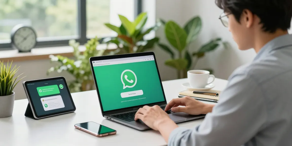 Download WhatsApp下載 in a modern office workspace with tech devices and a vibrant atmosphere.