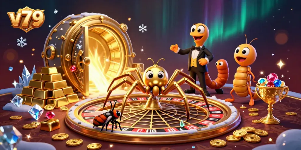 Experience thrilling casino action with v79 as a golden spider spins a roulette wheel.