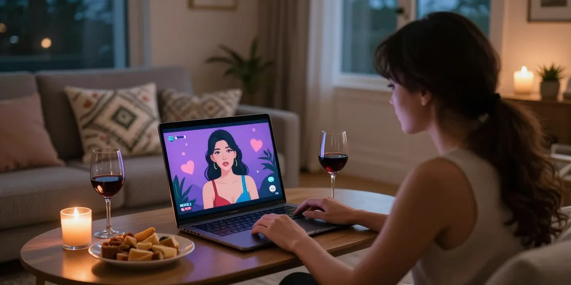 Couple enjoying ai porn chat in cozy home setting with warm lighting.