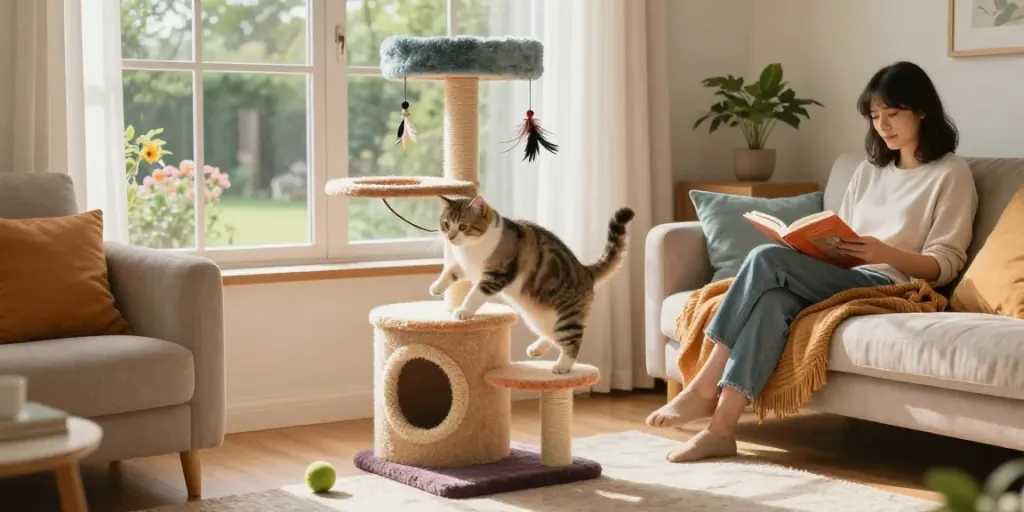 Playful cat exploring stylish cat trees in a cozy living room.