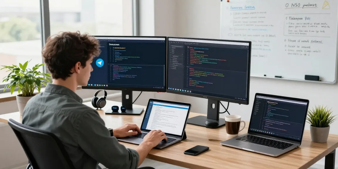 Optimized Telegram Download setup featuring a developer coding in a modern workspace with multiple screens.