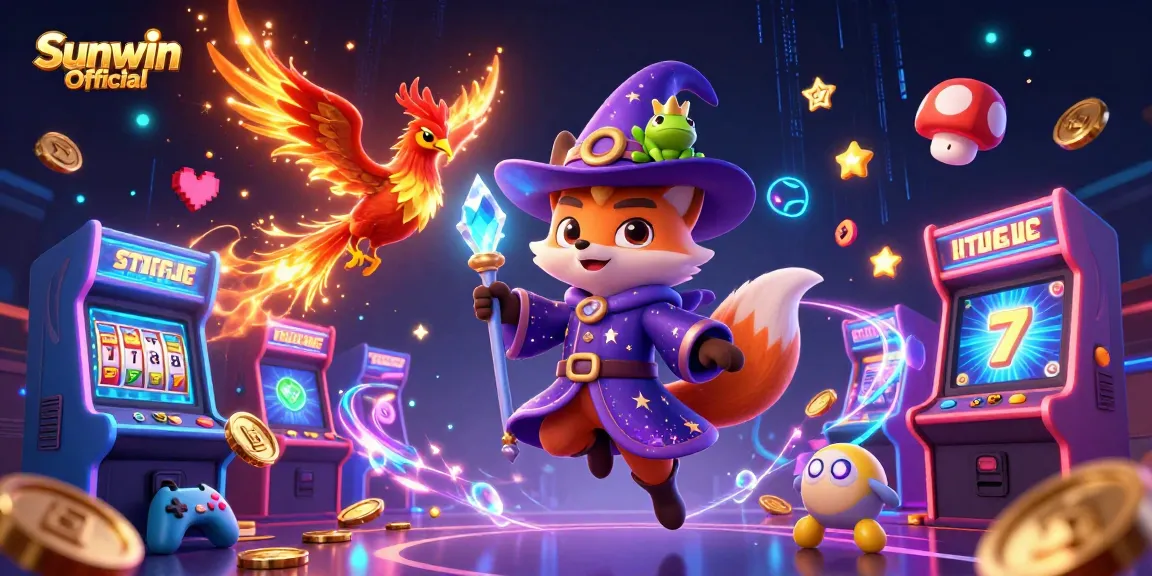 Experience thrilling gaming adventures at Sunwin Official with a mystical wizard fox and phoenix amidst colorful casino elements.